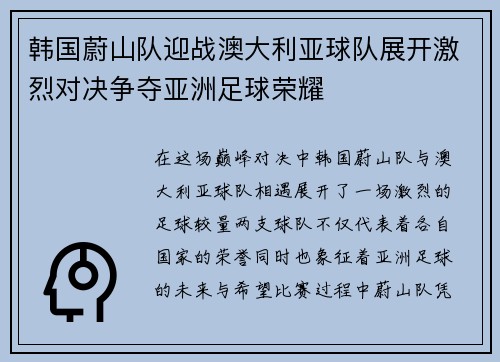 韩国蔚山队迎战澳大利亚球队展开激烈对决争夺亚洲足球荣耀